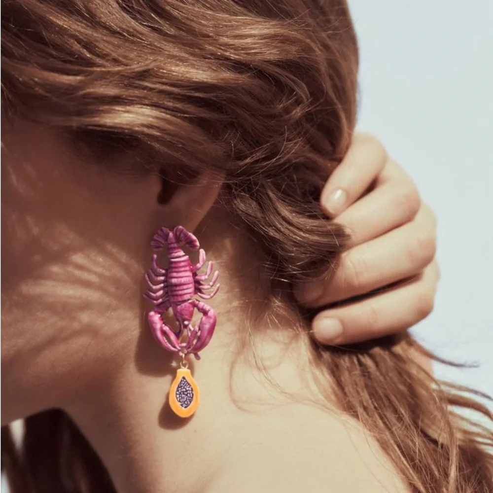 ZARA WOMAN NWT LOBSTER EARRINGS PINK FUCHSIA JEWELLERY SUMMER VACATION BEACH